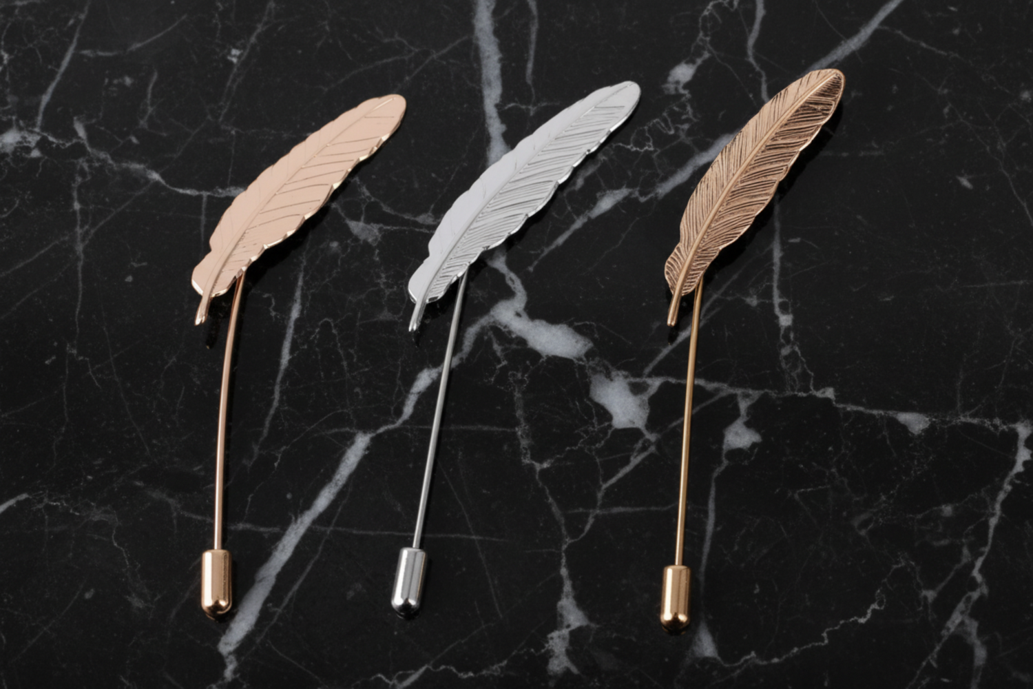 Three Feather Shaped Lapel Pins in Gold, Rose Gold and Silver Colors||Gold||Silver||Brass