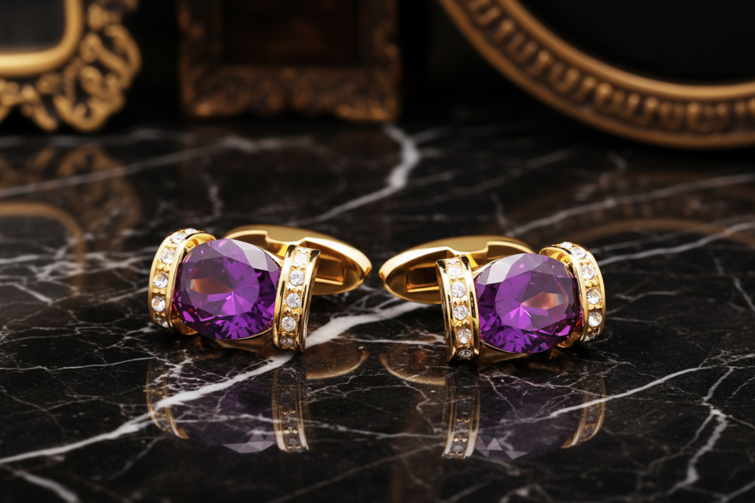 A Gold and Purple Colored Stone Cuff-links
