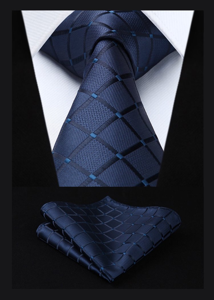 A Deep Blue With Geometric Texture Pattern Necktie, Matching Pocket Square 