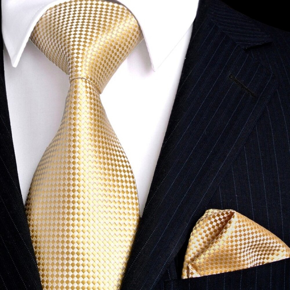 A Soft Metallic Gold, White Check Pattern Silk Necktie, Matching Pocket Square