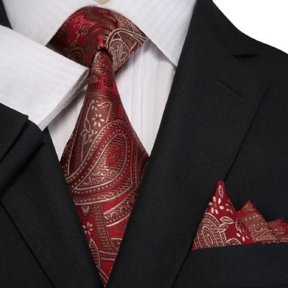 A Deep Red, Brown Paisley Pattern Necktie, Matching Pocket Square