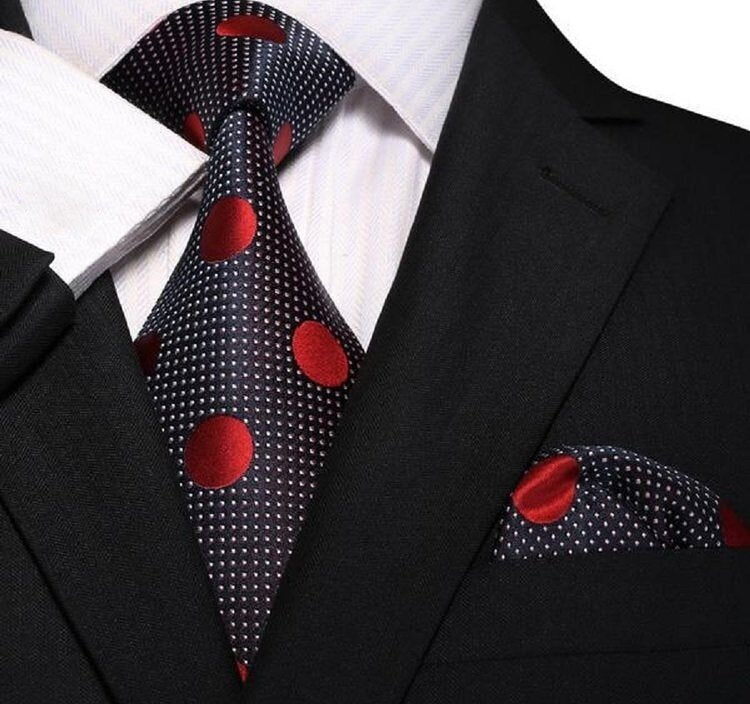 Dark Blue, Red Dots Tie and Pocket Square