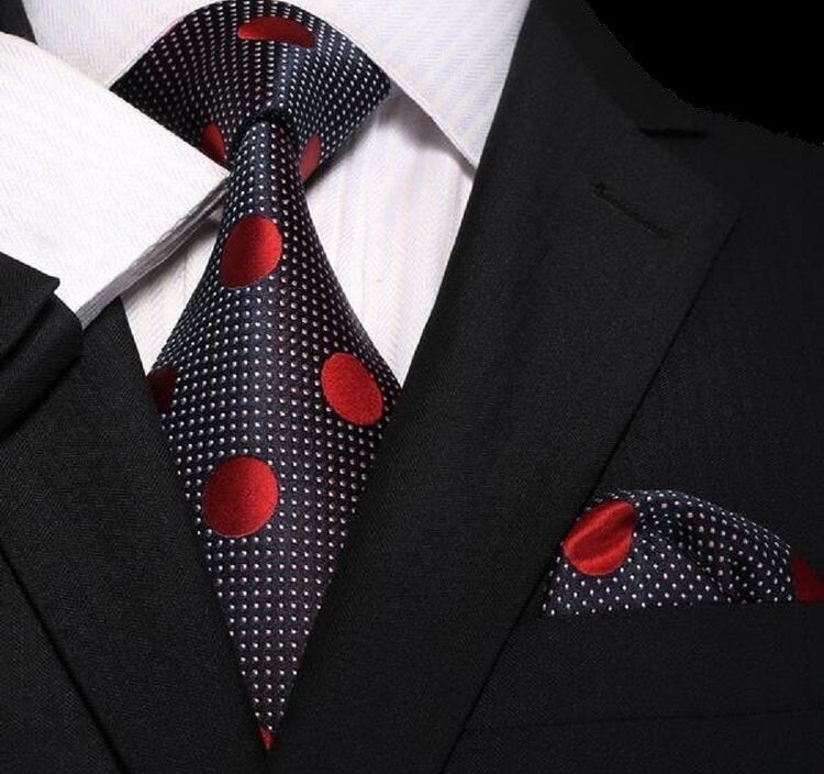 navy, red polka tie and square||Navy Blue, Red Dot