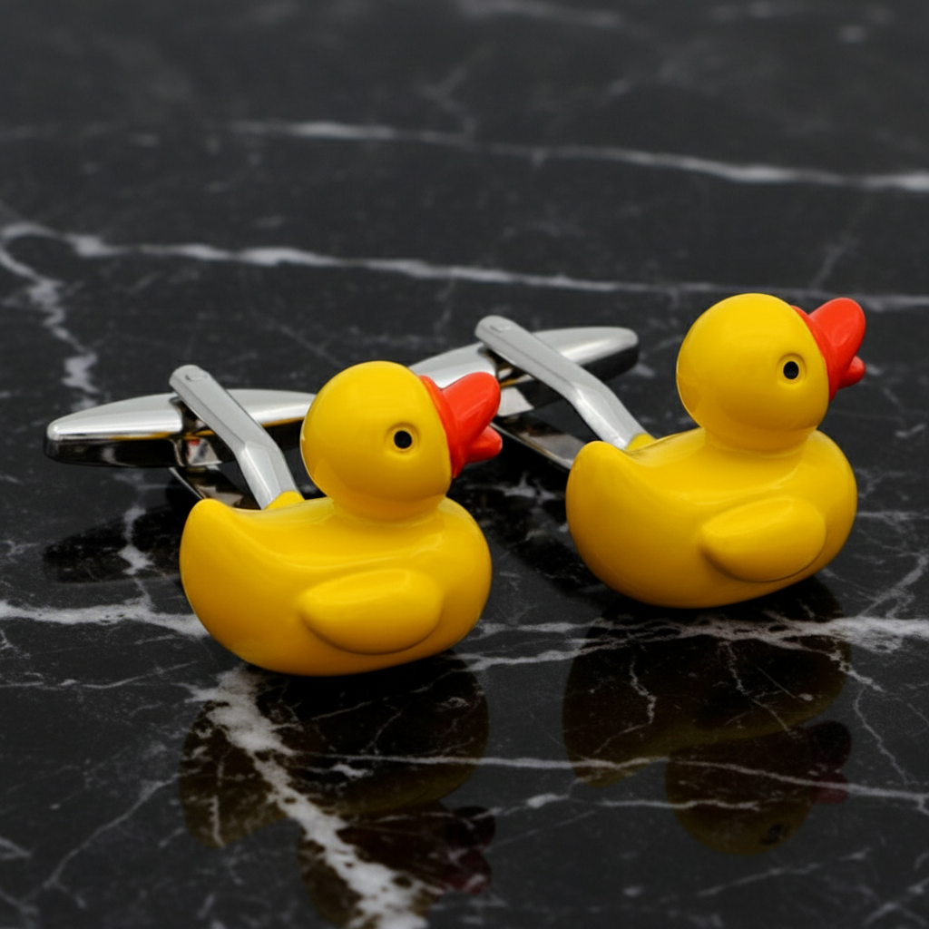 A Yellow, Red Colored Rubber Duck Shape Cuff-links