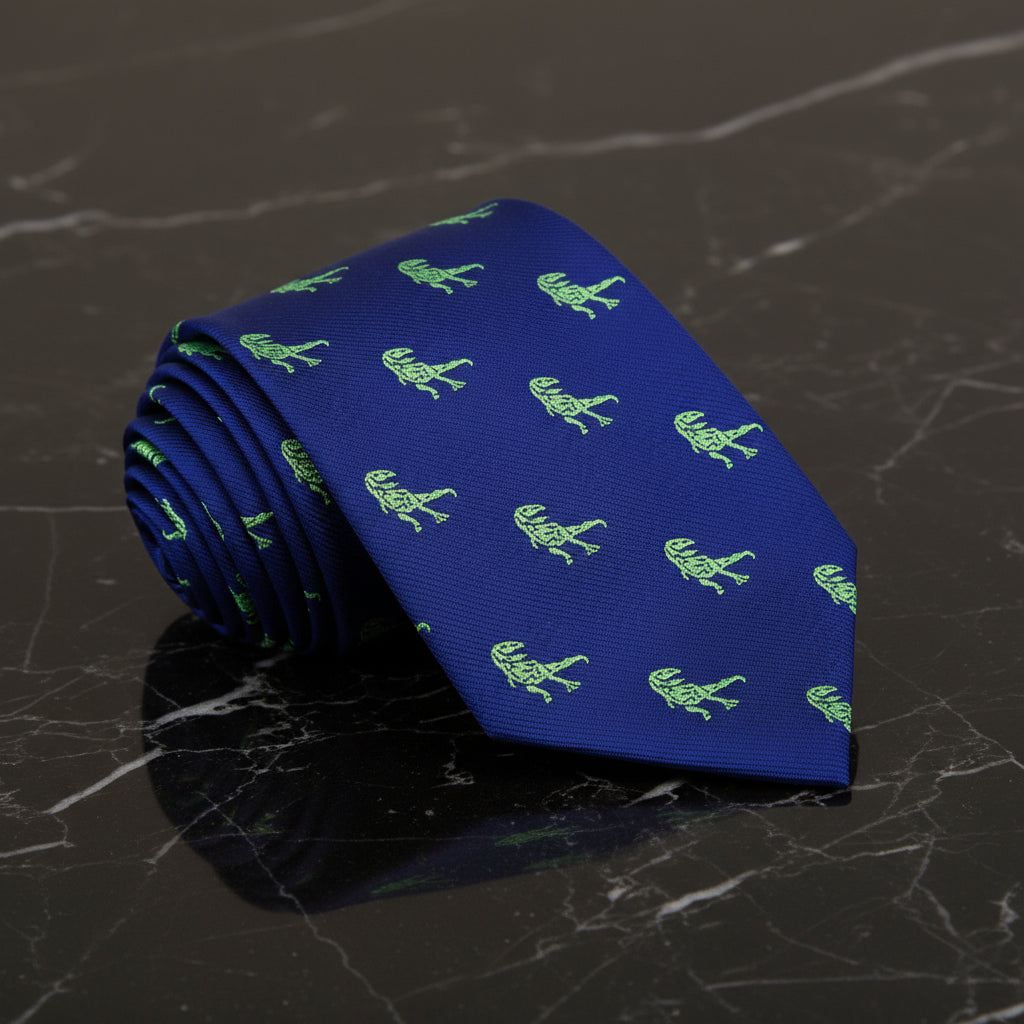 a blue with green t rex necktie