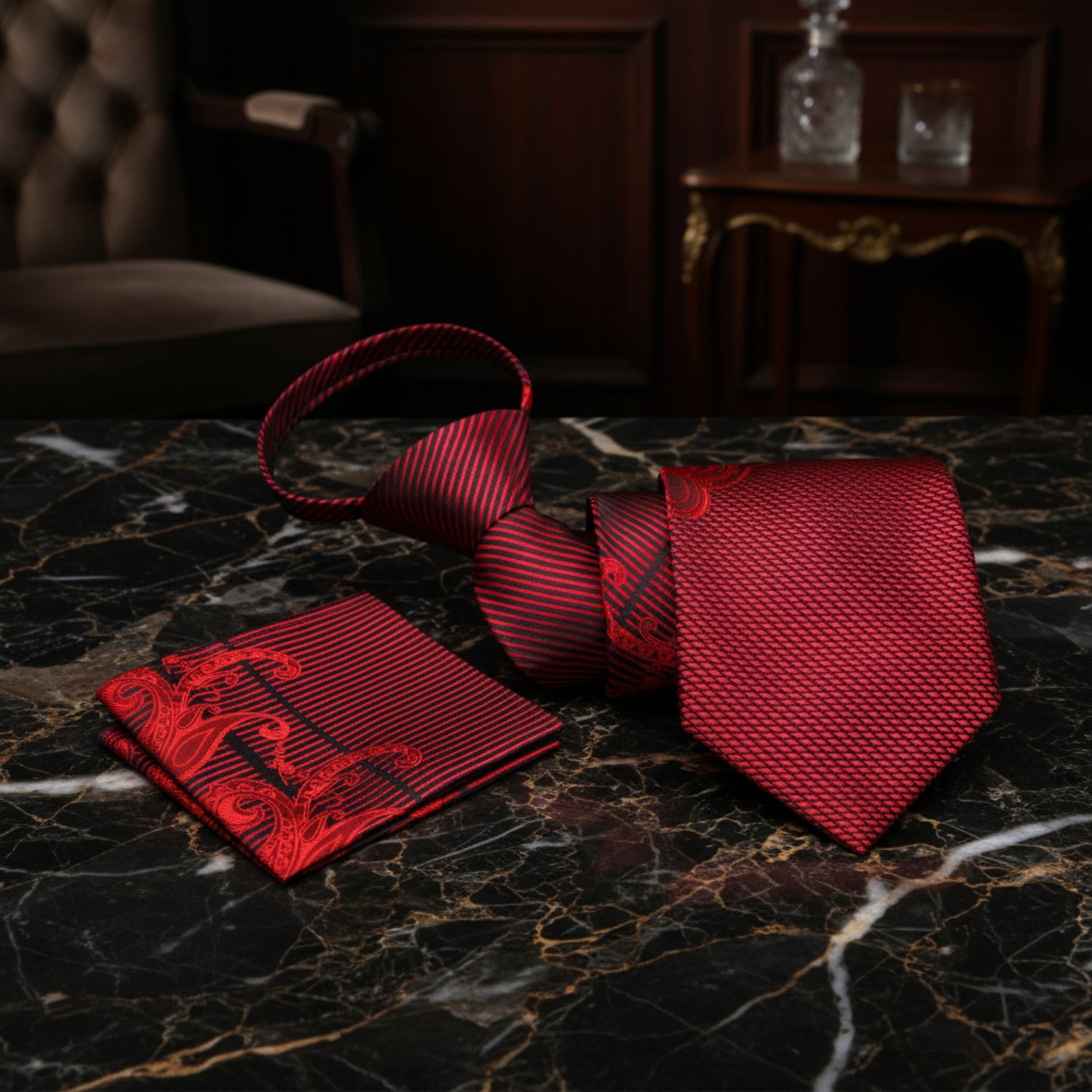 Shades of Red Paisley Zipper Tie and Pocket Square