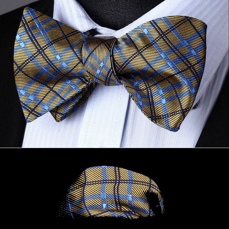 A Yellow, Blue Plaid Pattern Self Tie Bow Tie, Matching Pocket Square||Yellow, Blue