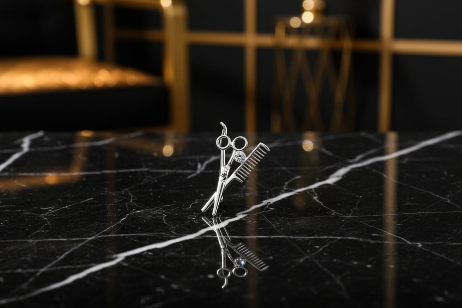 A Chrome Color Scissors and Comb with Stone Lapel Pin||Silver