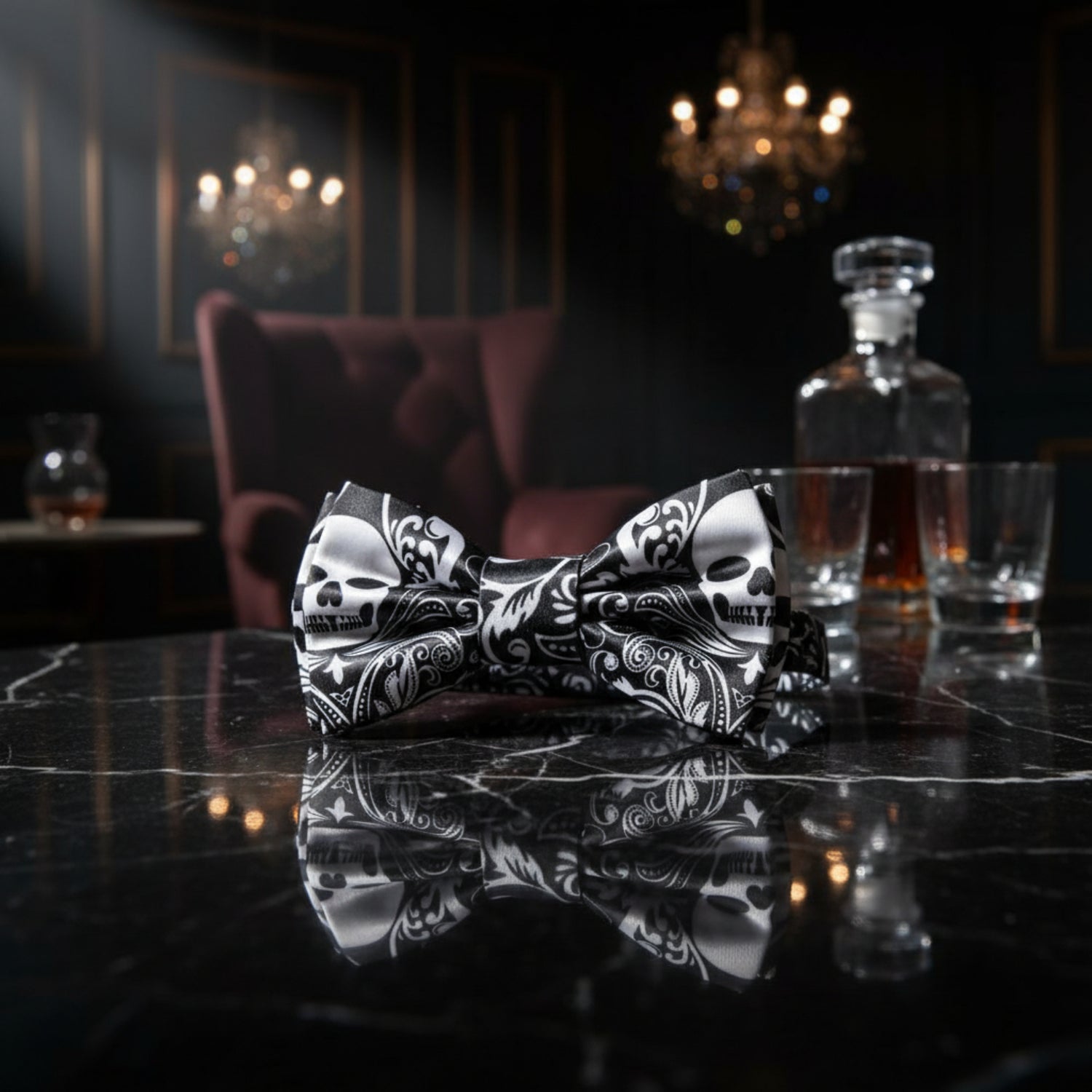 Black light grey skull bow tie 