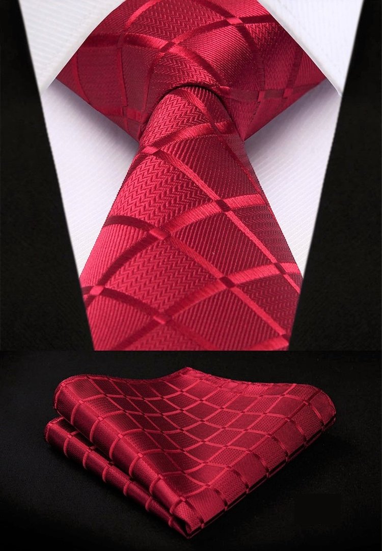 A Bright Red With Geometric Texture Pattern Silk Necktie, Matching Pocket Square And Cuff-links.