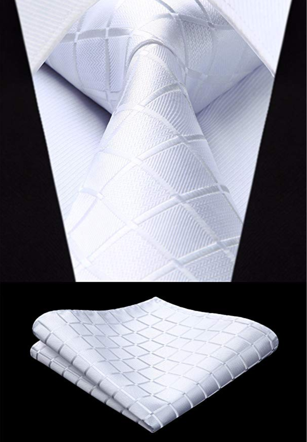 A White With Geometric Texture Pattern Silk Necktie, Matching Pocket Square