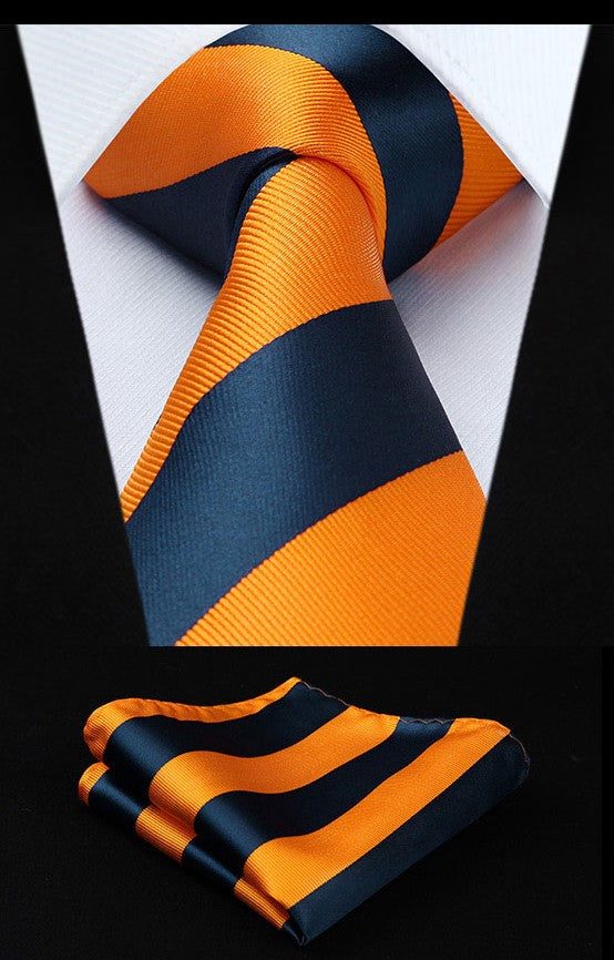 A Orange And Blue Stripe Pattern Necktie, Matching Pocket Square, 