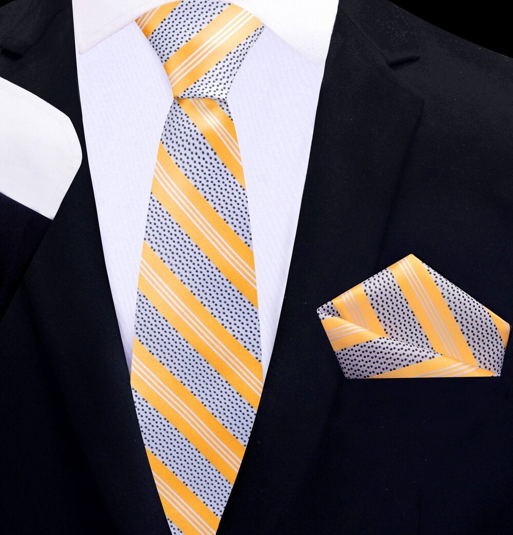 Yellow Stripe Thin Tie and Square